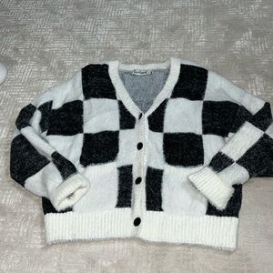 Rachel Antonoff Black and White Cardigan with Checkerboard Pattern